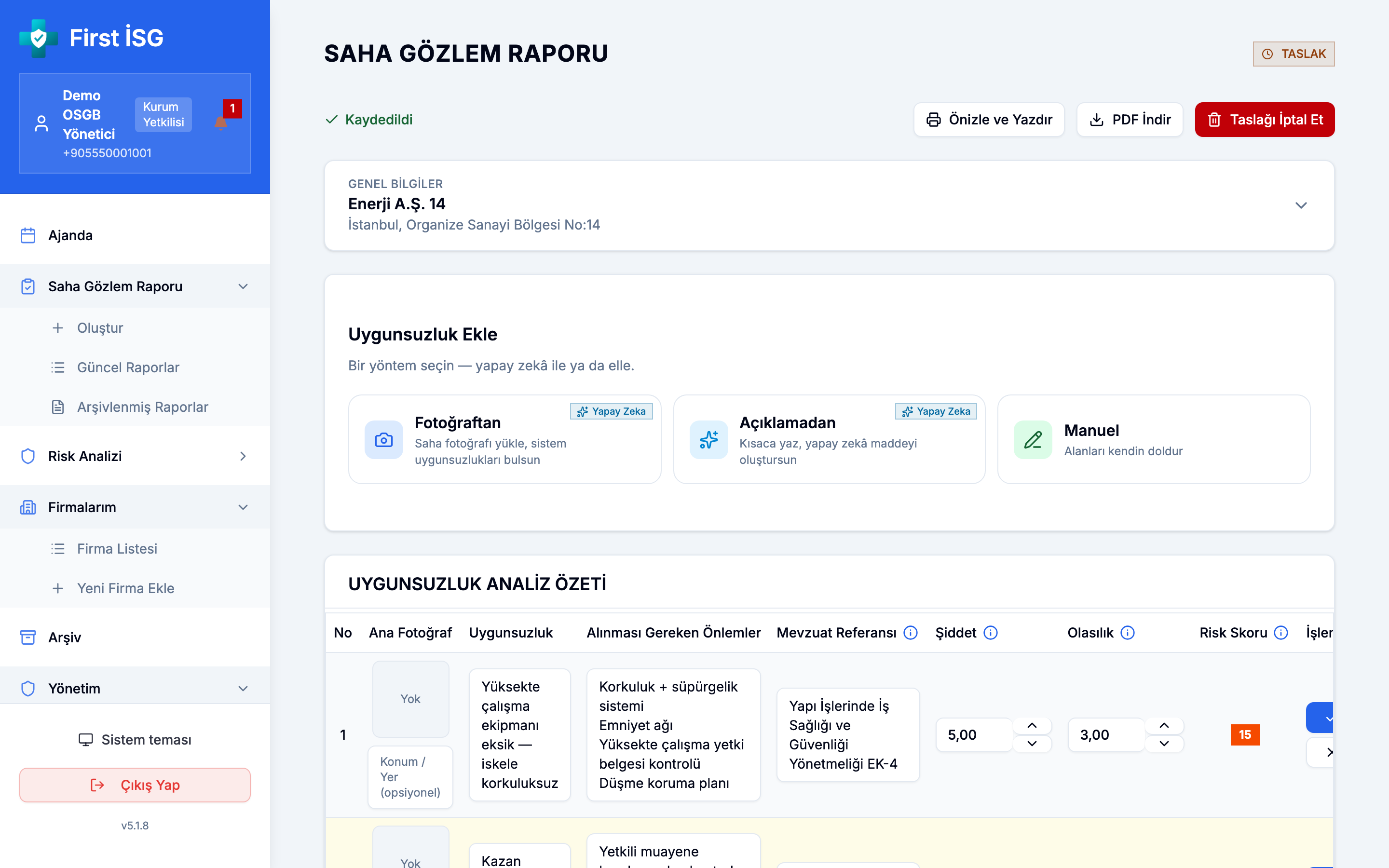 Web arayüzünde rapor detayı ve saptanan uygunsuzluklar