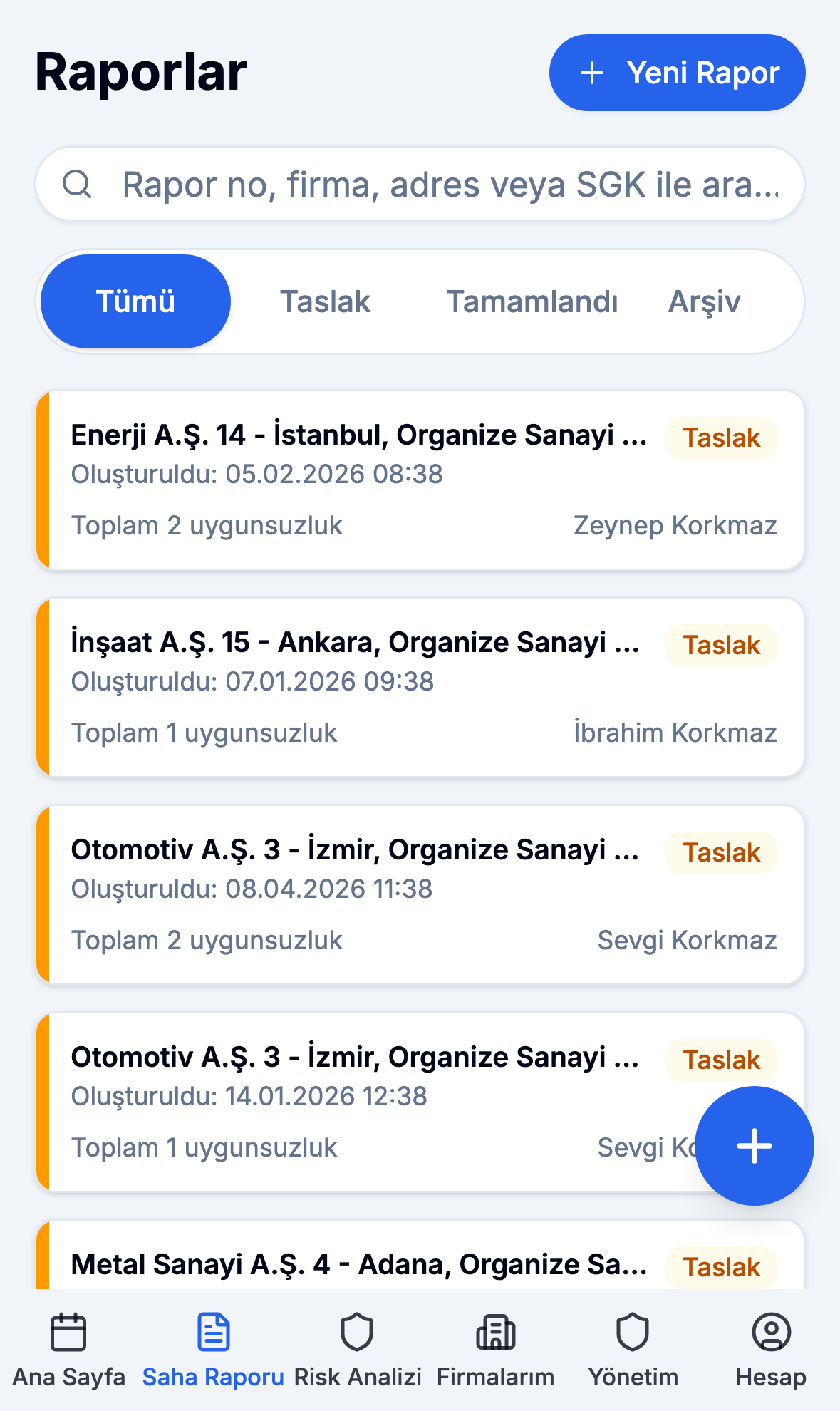 Mobil uygulamada saha gözlem raporu listesi