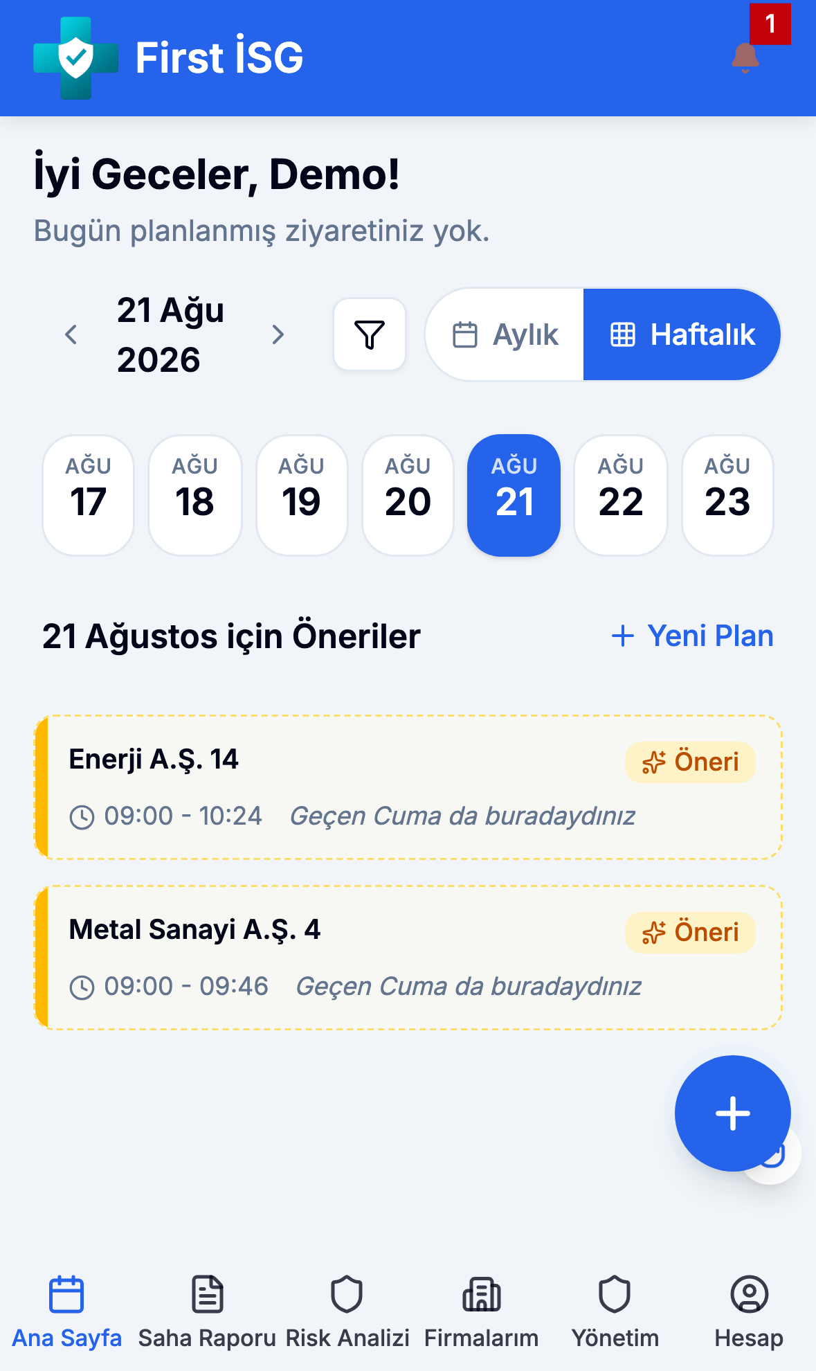 Mobil uygulamada aylık ajanda