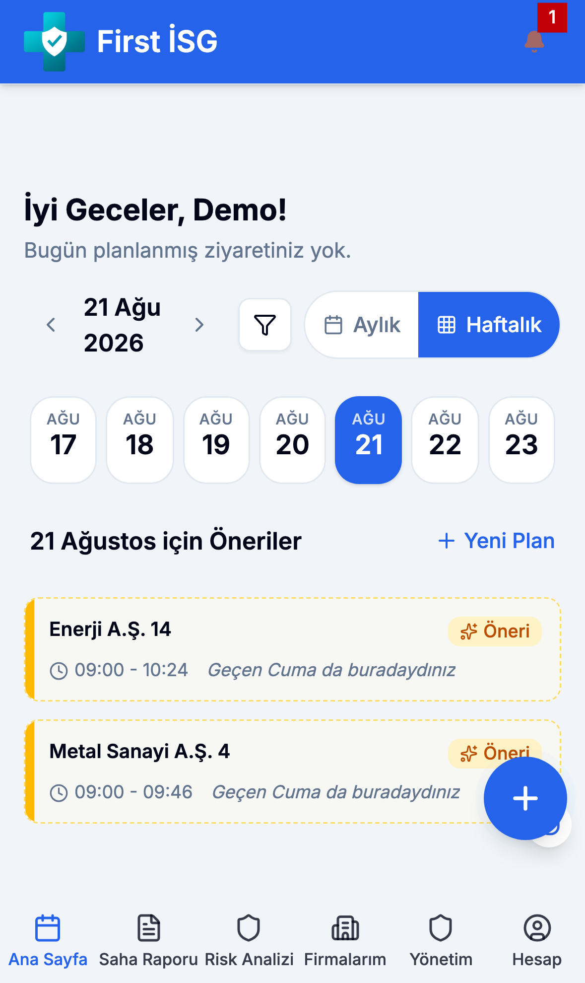 Mobil uygulamanın ana ekranı: günlük ziyaret önerileri