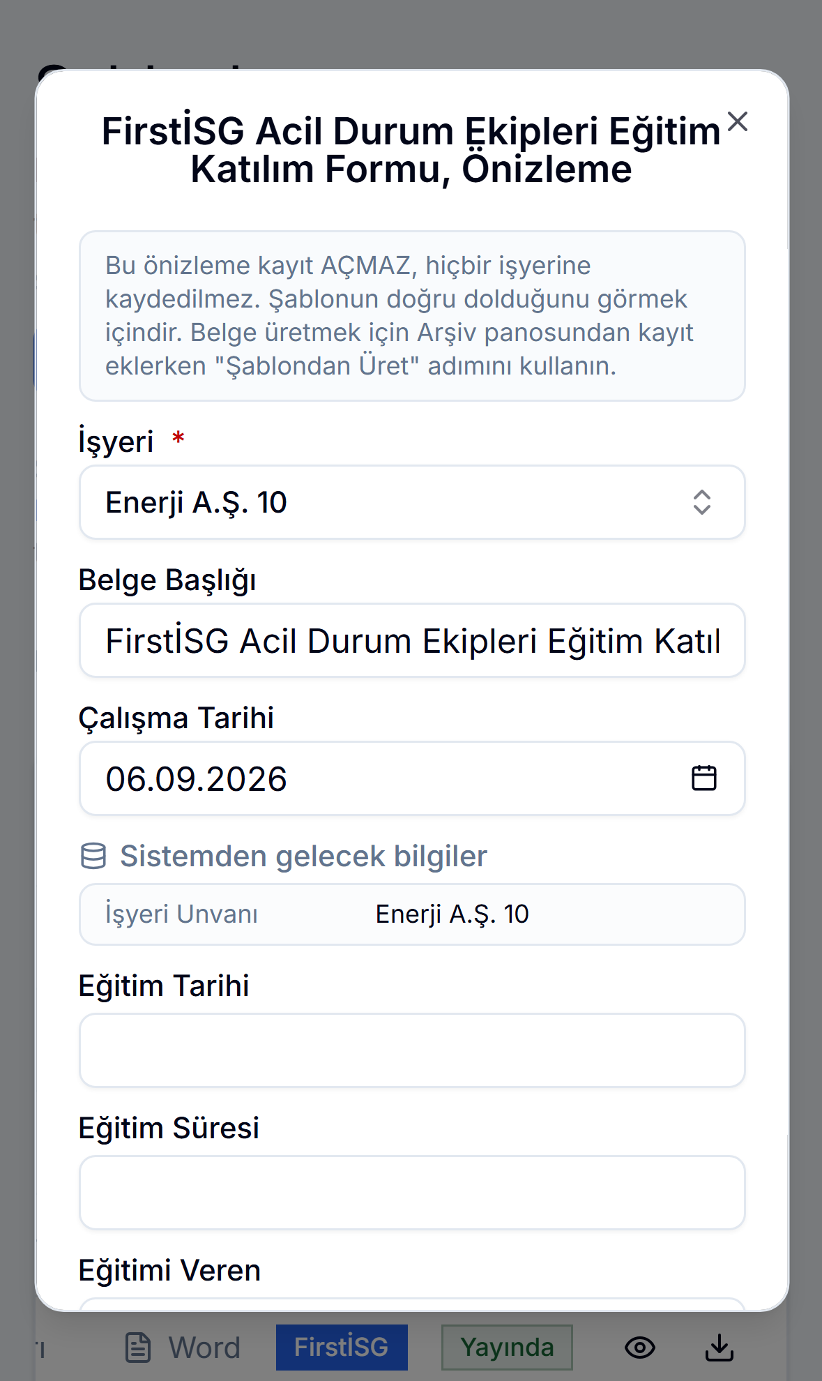 Telefonda önizleme penceresi, sistemden dolan işyeri unvanı görünür