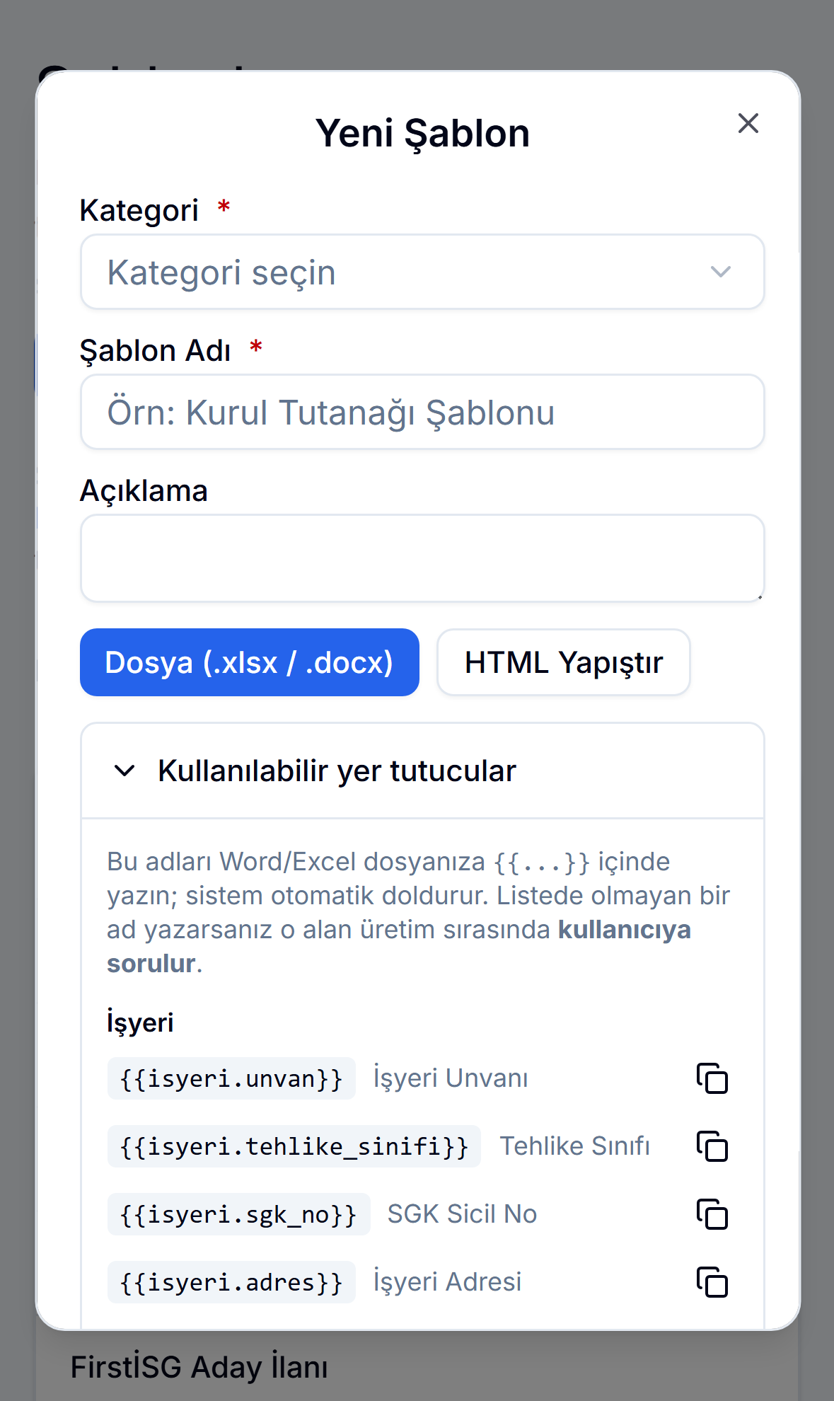 Telefonda yeni şablon penceresi ve yer tutucu listesi
