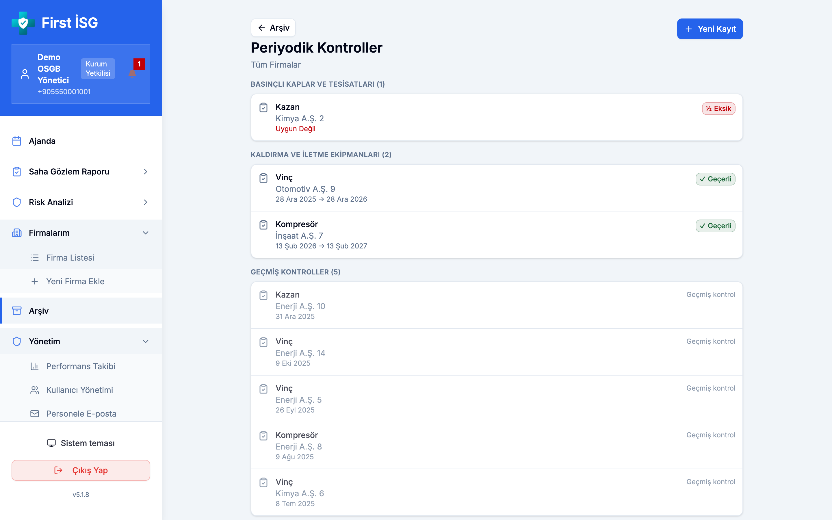 Periyodik kontroller: ekipman türüne göre gruplanmış kayıtlar