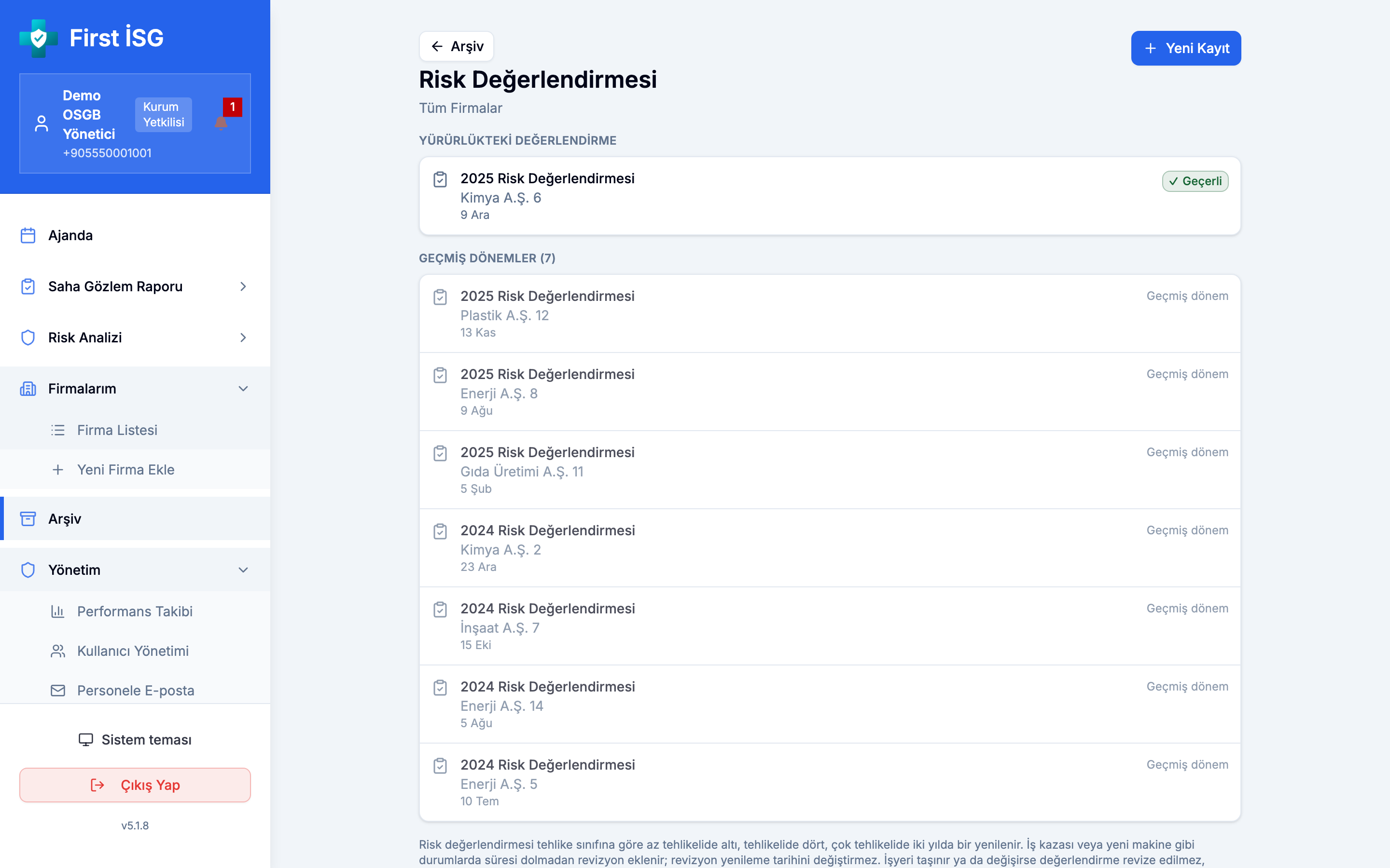 Risk değerlendirmesi kategorisi: yürürlükteki kayıt ve geçmiş dönemler