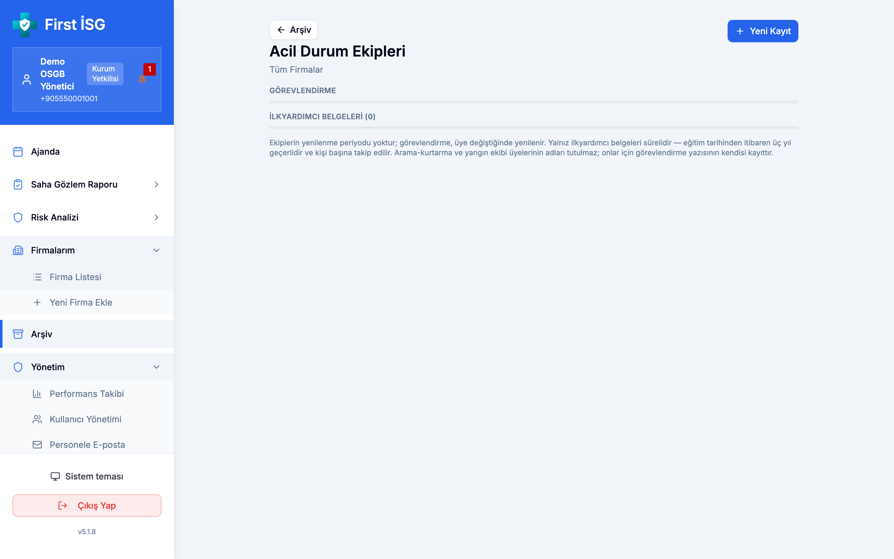 Web arayüzünde acil durum ekipleri kategorisi