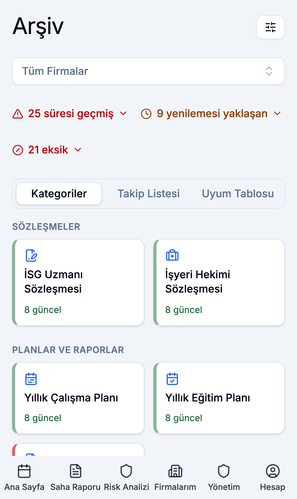 Mobil uygulamada arşiv panosu ve kategori kartları
