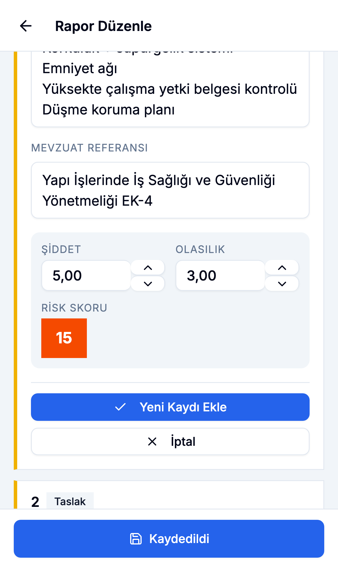 Mobil uygulamada mevzuat referanslı rapor detayı