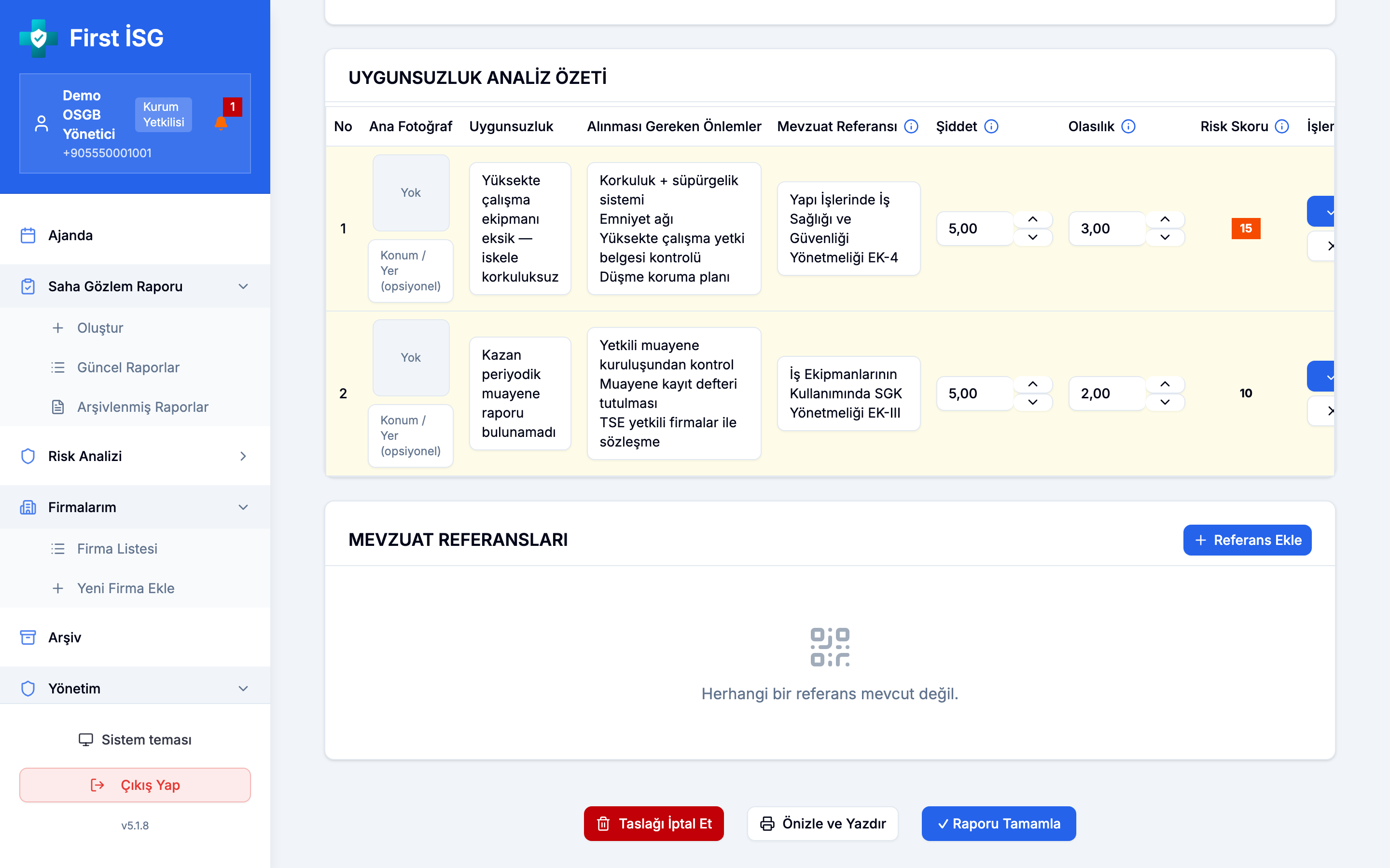 Web arayüzünde bulgular ve mevzuat maddeleri
