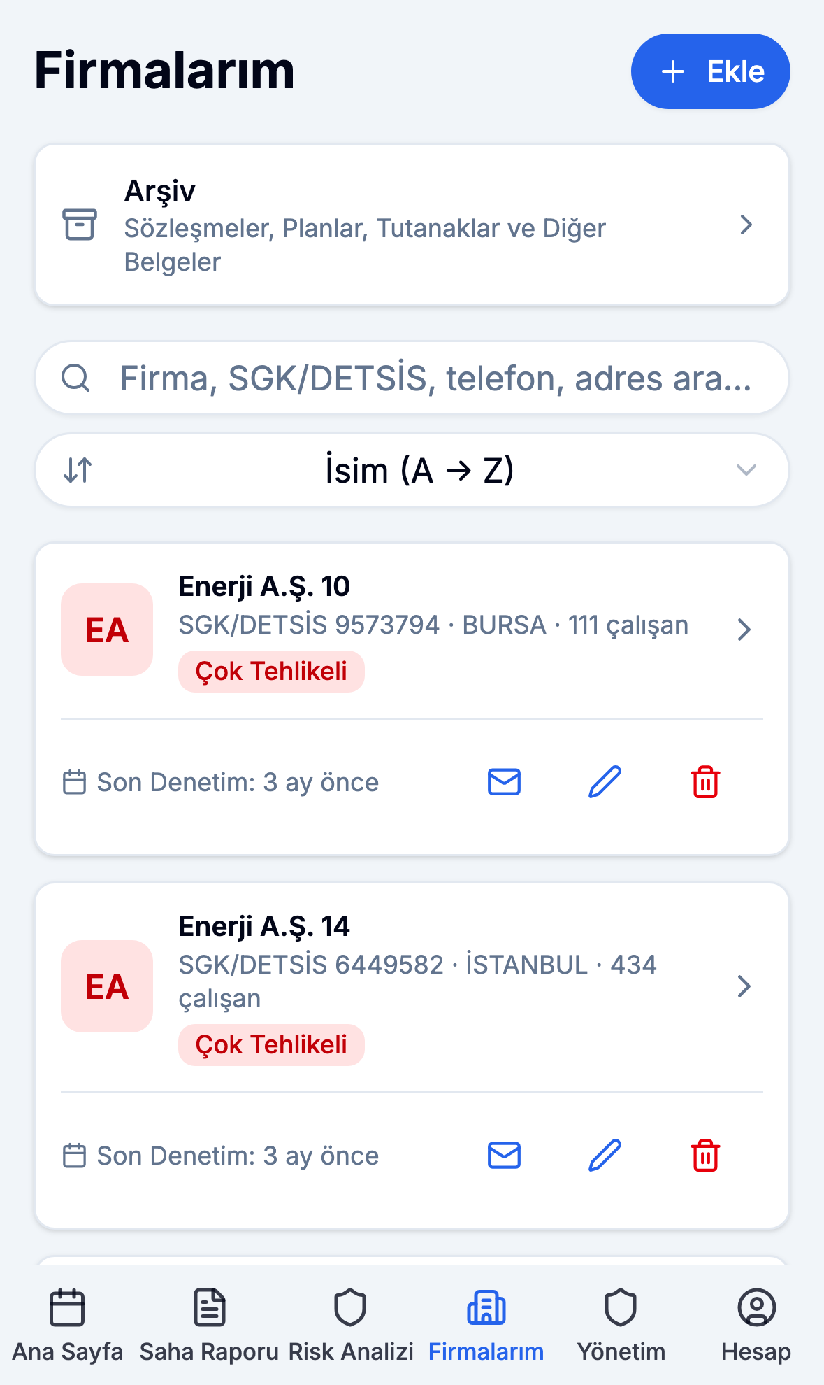 Mobil uygulamada müşteri firma listesi