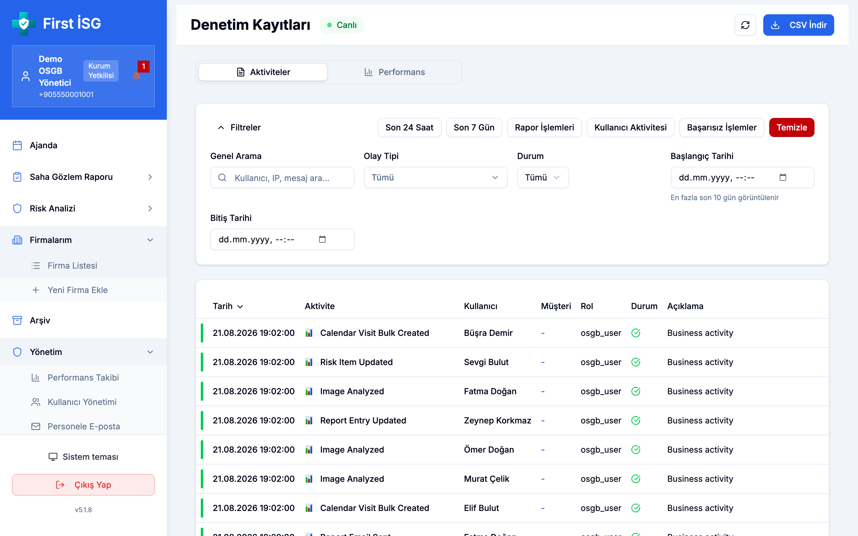 Web arayüzünde denetim kayıtları listesi