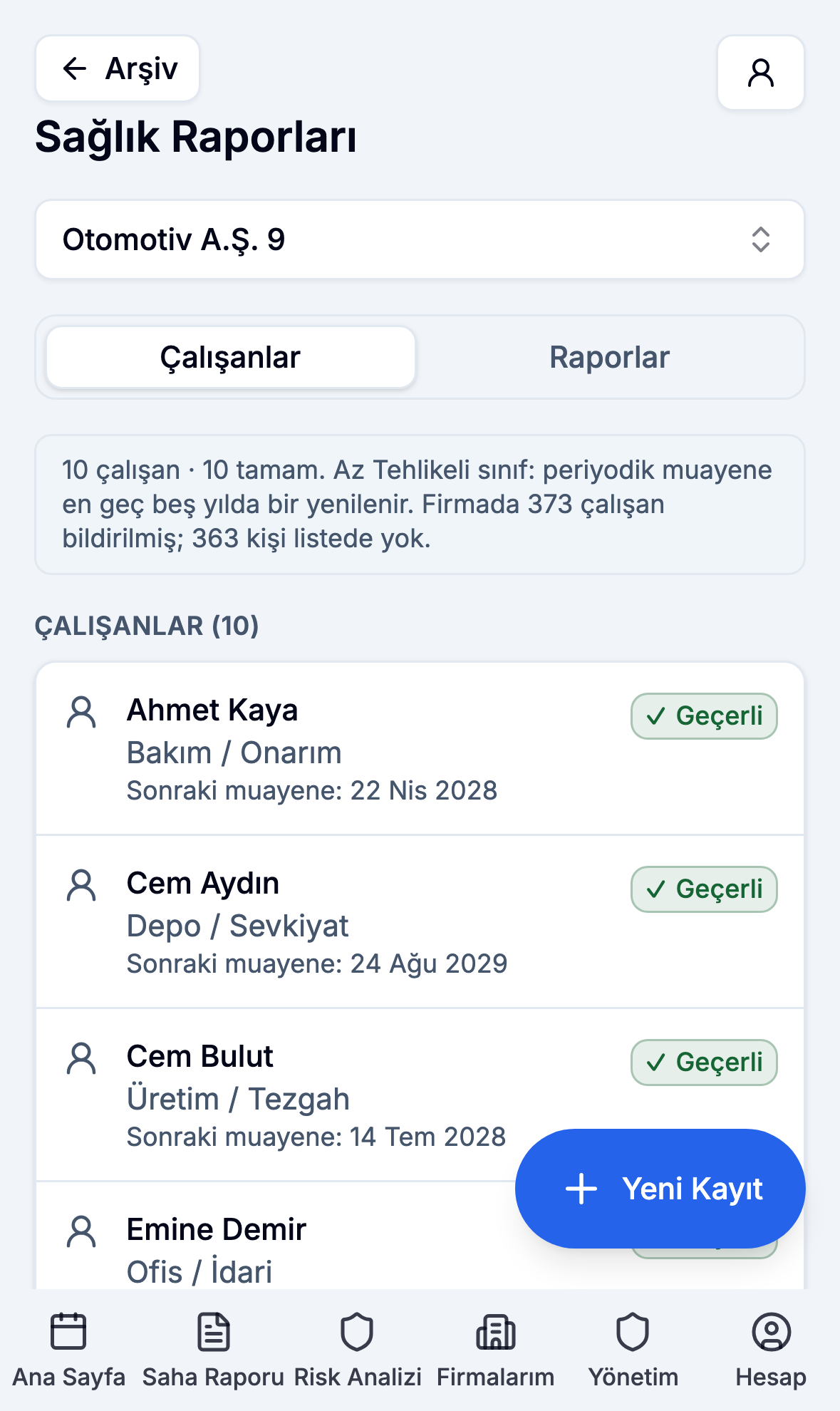 Mobil uygulamada sağlık raporları ve sonraki muayene tarihleri