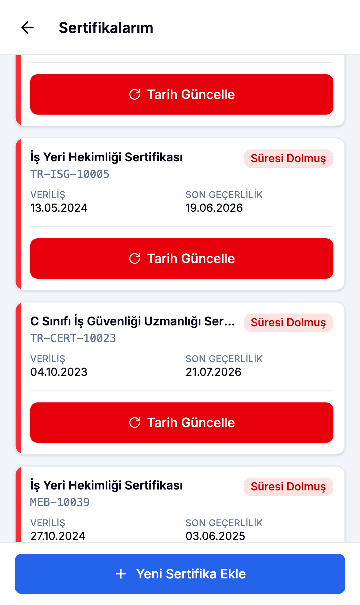 Mobil uygulamada sertifika listesi