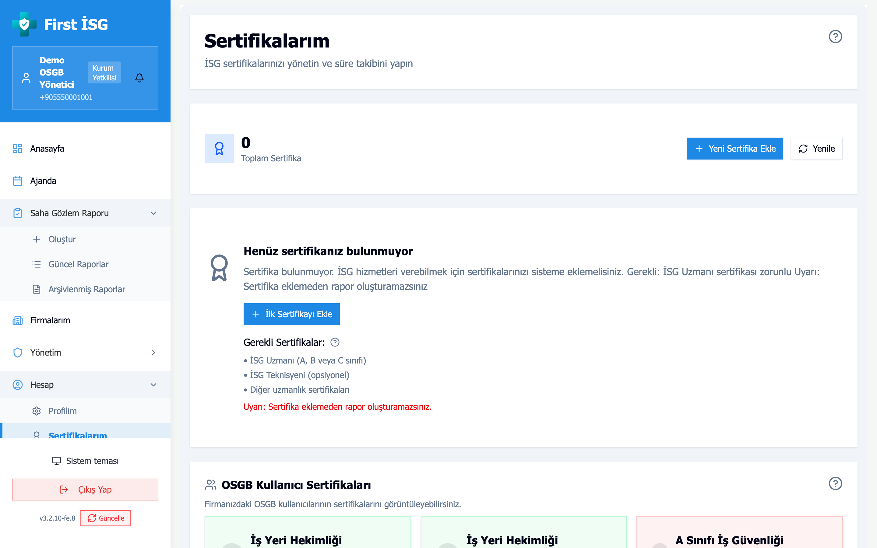 Sertifika takibi ve süre dolum uyarıları