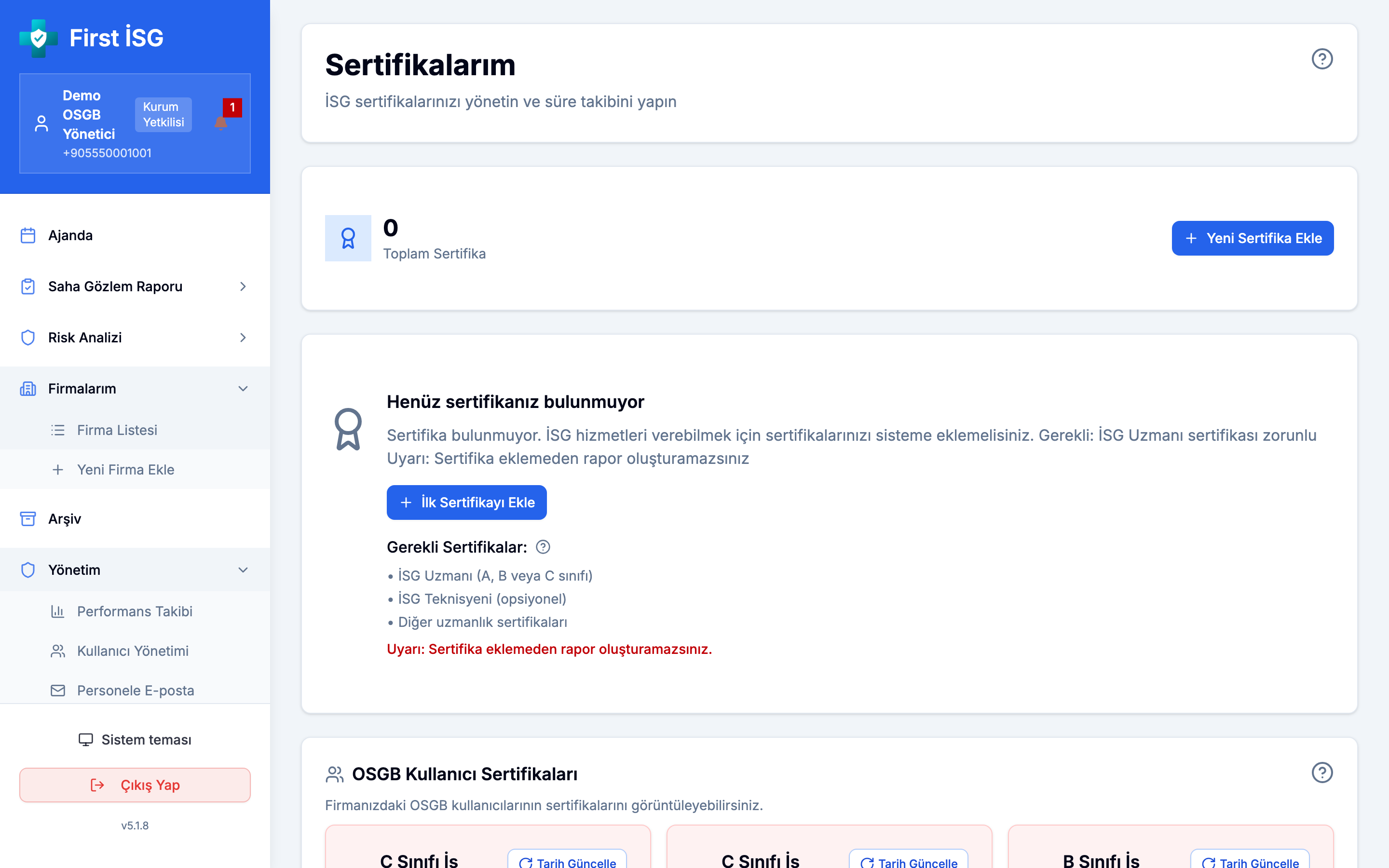 Sertifika takibi ve süre dolum uyarıları