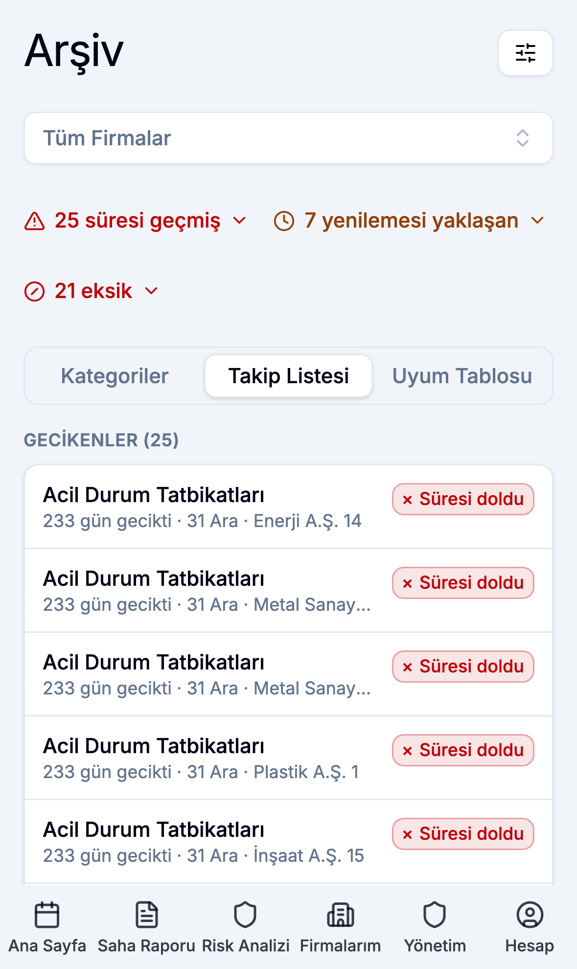 Mobil uygulamada takip listesi ve geciken kayıtlar